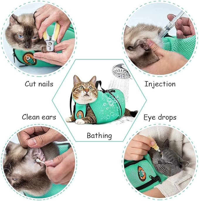 AWOOF Cat Grooming Bag Adjustable Cat Bathing Bag Anti Scratch Bite Polyester Soft Durable Mesh Cat Shower Bag for Small Medium Large Cats