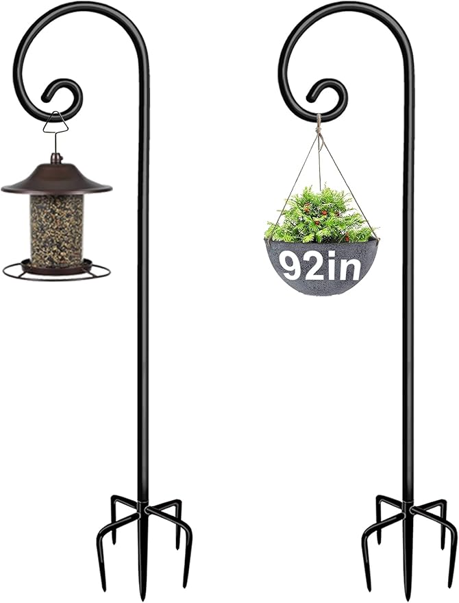 Outdoor Shepherd Hooks 92 inch Tall for Bird Feeder (2 Packs), Adjustable Metal Garden Poles for Hanging Plants Solar Light Lantern, Bright Black