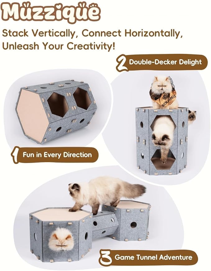 2-Storey Cat Cube, for Indoor Cats&Small Dogs, with Hair Brush, Without Tunnel, DIY Large Expandable Modular Felt Pet House, Stackable Kitten Perch Nest, Peekaboo Kitty Cave, Washable Puppy Condo Bed