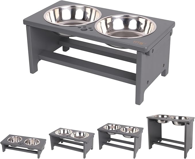 HTB Elevated Dog Bowls, Raised Dog’s Food Stand with 2 Stainless Steel Bowls, Elevated Raised Dog Dishes for Large Medium Small Sized Pet Sturdy Bamboo Food Feeder Natural