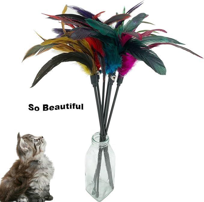 Cat Wand Toy Feather Stick Cat Toys, 6 Pieces Interactive Cat Toy Feathers Wand for Indoor Cats (A)