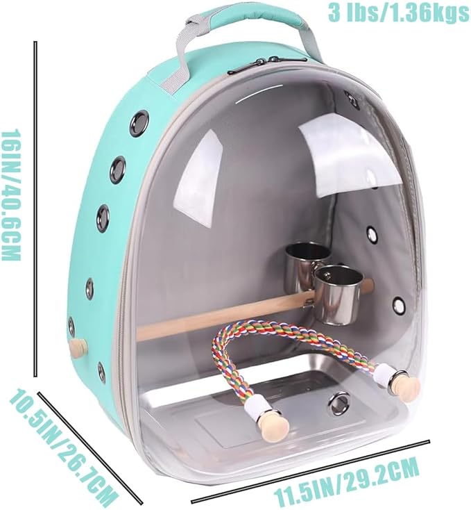 Bird Traval Carrier Cage, Multi Vent Holes Clear Space Capsule Astronaut Backpack to Carry Parakeet Cockatiel Parrot with Metal Tray Wood Perch, Vet Transport Book Bag