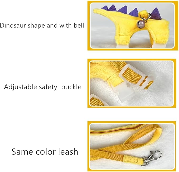 Ferret Harness and Leash Set Small Animals Vest Harness with Safe Bell Dinosaur Shaped Walking Clothes for Baby Rabbit Guinea Pig Teacup Chihuahua Mouse and Other Small pet (Yellow)