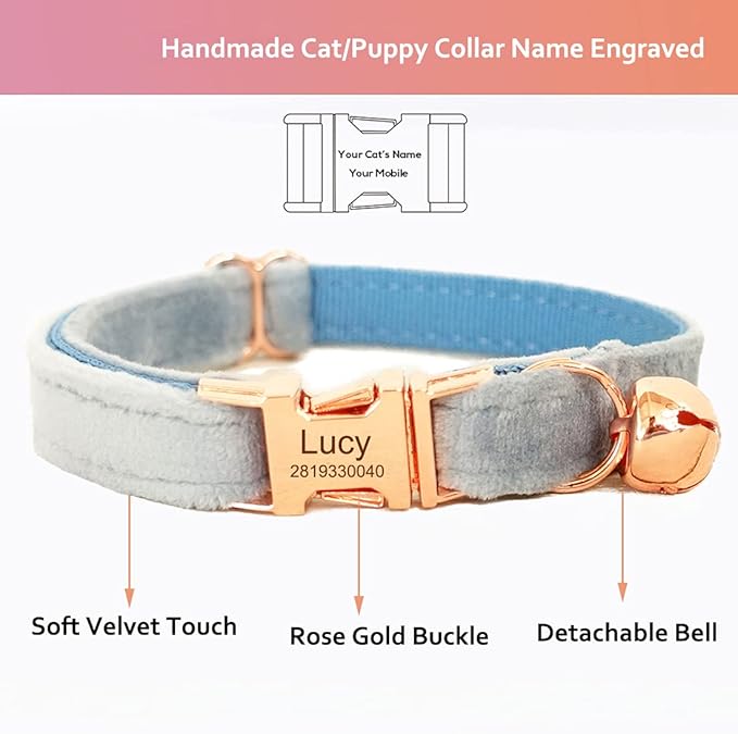 Cat Collar Personalized with Name Engraved and Bell, Customized Velvet Collars for Puppy Kittens (Sky Blue, S)