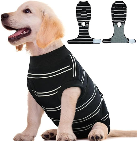 Kuoser Dog Surgery Recovery Suit for Female Male Dogs, Stripes Spay Neuter Anti-Licking Dog Onesie, Surgical Suit Snugly Pet Post Surgery Vest Bodysuit for Abdominal Wounds Skin Disease, Black XS