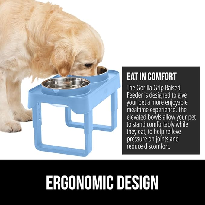 GORILLA GRIP Elevated Dog Bowls Stand, 6 Cup Stainless Steel Food Bowl Set of 2, 5 Height Adjustable Raised Feeding Station for Small Breed Puppy Dogs and Cats, Medium, Large Sized Pets Feeder, Blue