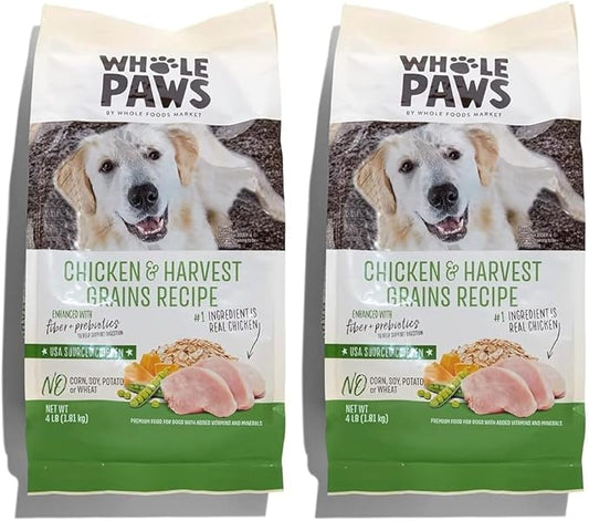 Whole Paws, Dry Dog Food, Chicken & Harvest Grains Recipe, Enhanced with Fiber & Prebiotics, 4 lb (Pack of 2)
