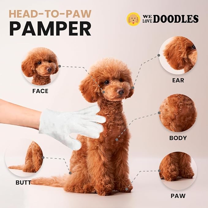 We Love Doodles Dog Cleaning Gloves Wipes - Pet Bathing Wipes for Dogs, Paws, Face, Body, Ears - Safe, Easy & Effective - Individually Packaged, Rinse-Free, Double-Sided, Alcohol-Free 12 PCS