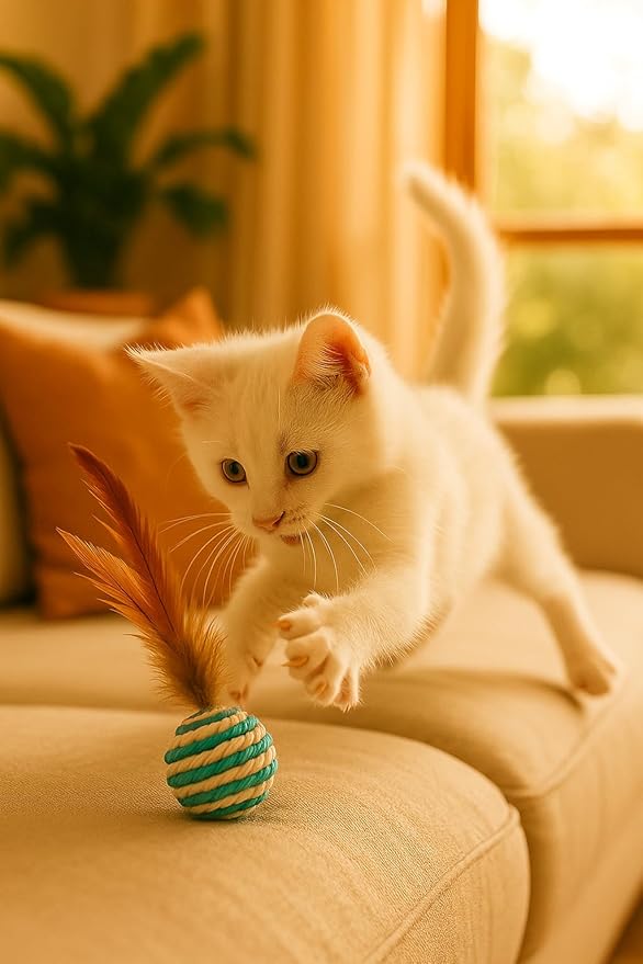 Ball for cat with Feathers - Balls for Cats – Natural Toy for Indoor Cats – Eco-Friendly, Durable, Interactive Play Balls for Kittens – Pet-Safe Chew & Scratch Toys (Sky Blue)