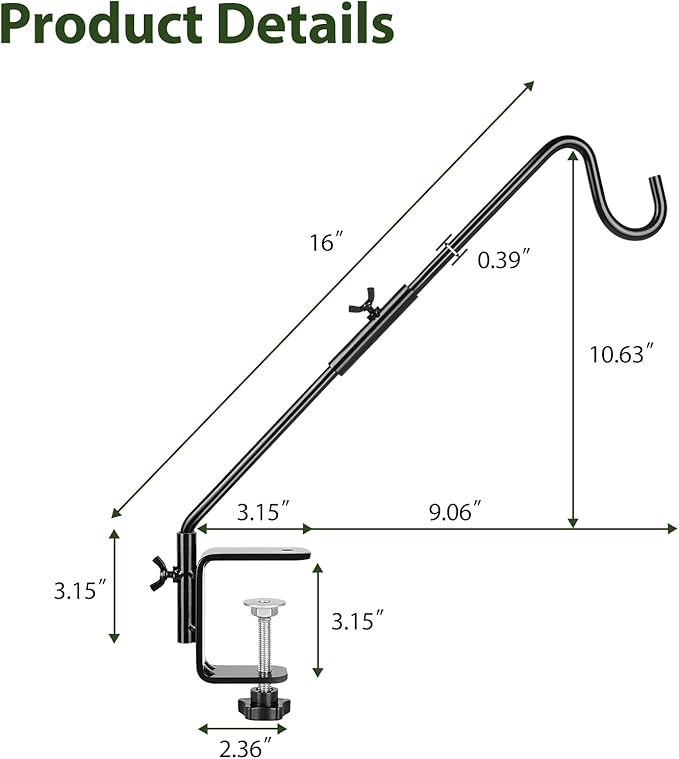 BOLITE Heavy Duty Deck Hook, 16 Inch Bird Feeder Hanger for Hummingbird Feeders, Planters, Lanterns, Wind Chimes, 360° Rotatable Arm, Black