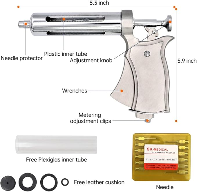 50ML Livestock Syringe Animal Injection Gun,Adjustable Continuous Injection Gun with 12Pcs Stainless Steel Injection Needles for Horses Cattle Pigs Sheep