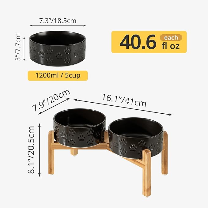 Elevated Ceramic Dog Bowls, 7.3" Dog Dishes with Stand, 5 Cup Elevated Food & Water Bowls for Medium Sized Dogs, Microwave Safe (Double Bowls + Stand - Black, 7.3 inch)