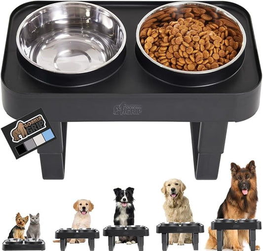 GORILLA GRIP Elevated Dog Bowls Stand, 6 Cup Stainless Steel Food Bowl Set of 2, 5 Height Adjustable Raised Feeding Station for Small Breed Puppy Dogs and Cats, Medium, Large Sized Pets Feeder, Black