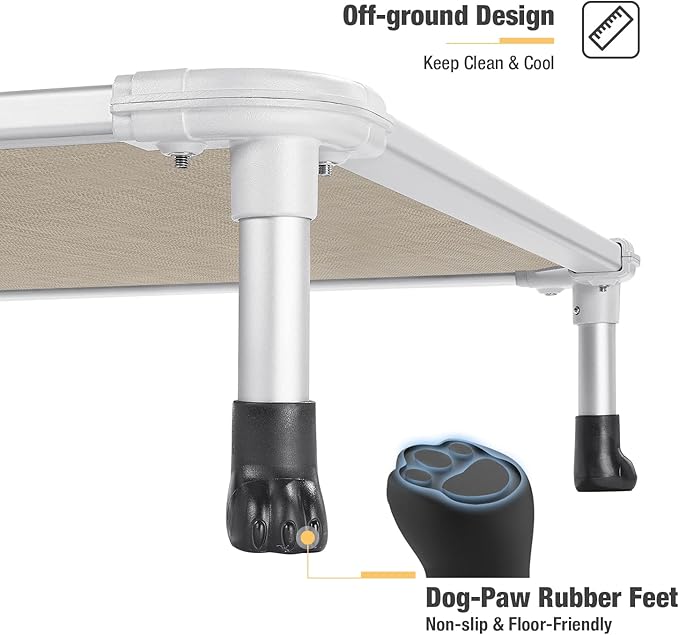 Veehoo Chew Proof Elevated Dog Bed - Cooling Raised Pet Cot - Silver Aluminum Frame and Durable Textilene Mesh Fabric, Unique Designed No-Slip Feet for Indoor or Outdoor Use, Beige Coffee, Large