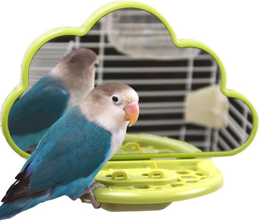 Bird Mirror with Perch & Slow Feeder – Interactive Bird Toy, Birds Cage Accessories for Parakeet, Budgies, Cockatiels, Conures, Lovebird, Finches & Canary – Relieve Boredom-Green