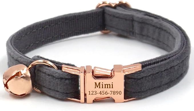 Personalized Cat Collar with Bells,Velvet Customized Small Cat Collar with Name Tag,Pet Collar with Name Phone Number Engraved ID Tags for Boy and Girl Kitten Cats (Grey)