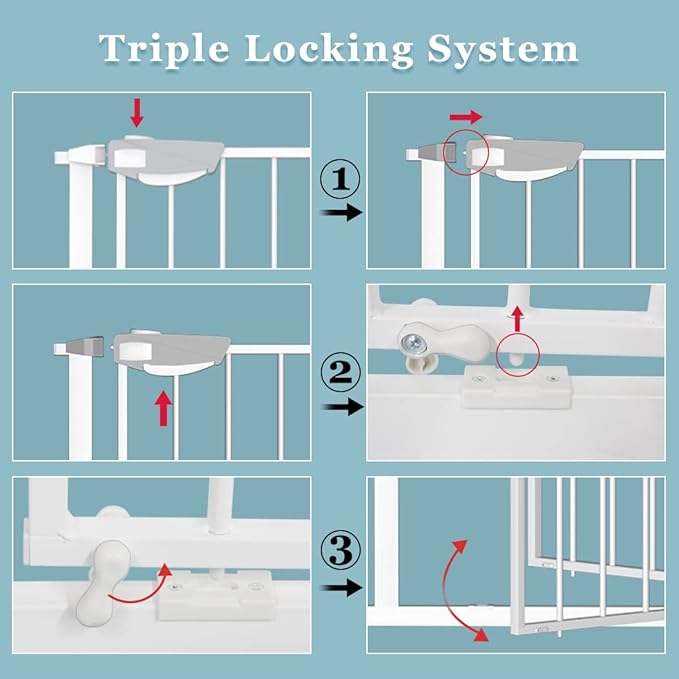 WAOWAO Triple Lock Baby Gate Extra Wide 86.22-90.55" Pressure Mounted Walk Through Swing Auto Close Safety White Metal Dog Pet Puppy Cat for Stairs,Doorways,Kitchen 86.22-90.94"/219-231cm