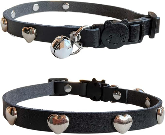 Spiked Cat Collar with Bells, Breakaway Genuine Leather Protective Collar for Kitty, Studs Spikes Punk Style, Heart Pattern, Adjustable for Girl Boy Kittens Small Bunny Rabbit, 8"-9.5" Black