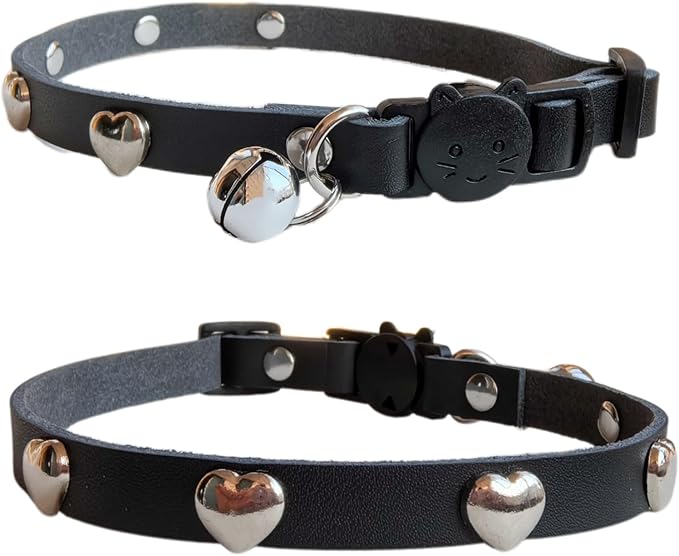 Spiked Cat Collar with Bells, Breakaway Genuine Leather Protective Collar for Kitty, Studs Spikes Punk Style, Heart Pattern, Adjustable for Girl Boy Kittens Small Bunny Rabbit, 10"-12" Black