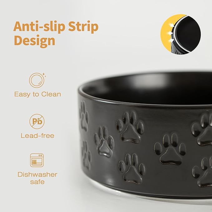 Ceramic Dog Bowl Set, 8" Food and Water Bowls with Anti-Slip Rings for Large Breed Dogs, 7.5 Cup Pet Dishes for Large-Sized Dogs, Dishwasher Safe (Double Bowls - Black, 8 inch)