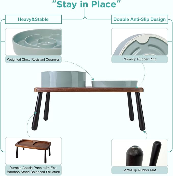 SPUNKYJUNKY Ceramic Elevated Dog Bowls with Slow Feeder Raised Acacia Bamboo Wooden Stand, 8.3'' Dog Food Water Bowls Set Non-Slip for Medium Large Sized Breed Microwave Dishwasher Safe - Light Green