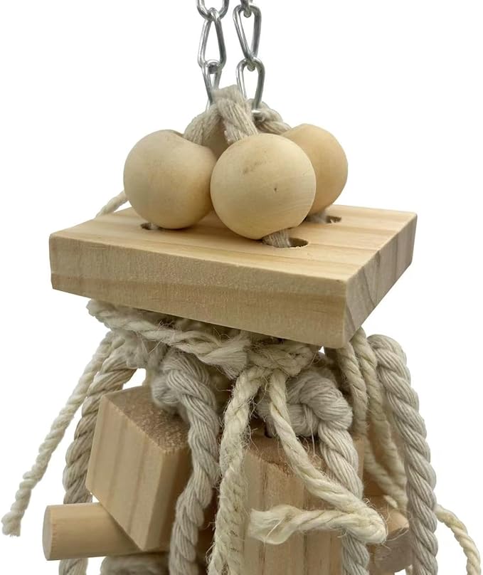 Bird Block Knots Tearing Toy- 17 inch Dye-Free Natural Wooden Parrot Chewing Toy for Medium and Large Parrots, Conures, Cockatiels, African Greys, Cockatoos, Quakers and AmazonParrots