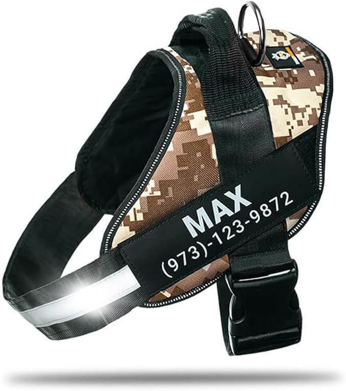 Personalized No-Pull Dog Harness with Name Patch, Adjustable, Reflective, Padded, Heavy Duty Pet Vest to Prevent Tugging, Pulling, or Choking, Training and Walking, Military Desert, S