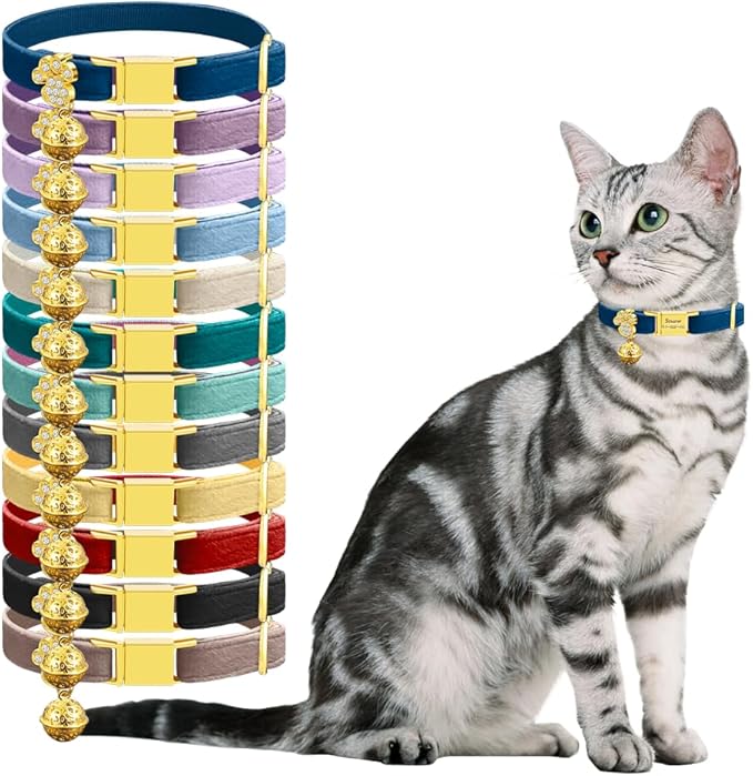 Personalized Breakaway Cat Collars - Magnetic Buckle, Bell - Safety Quick Release, Customized for Girls & Boys Cats- (Velvet-Navy)
