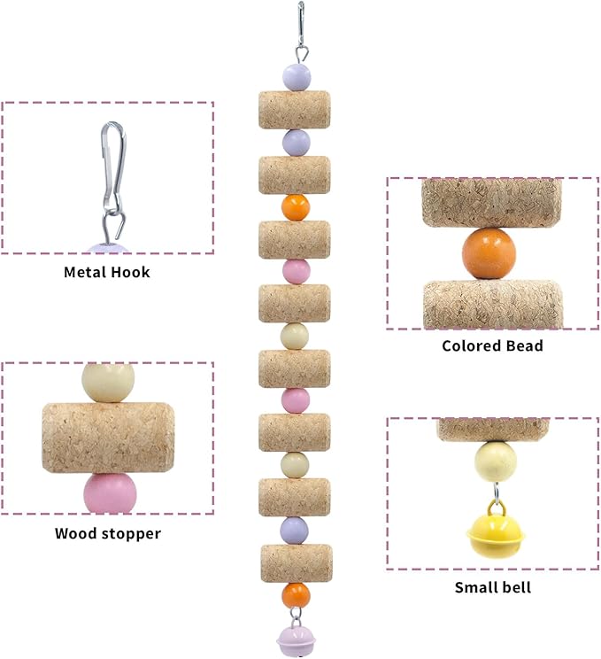 Bird Toys, 2 Pack Bird Chew Toy with Wooden Corks and Colorful Plastic Beads, Parakeet Toys, Cage Accessories for Budgies, Cockatiels, Lovebirds, Green Cheeks, Small to Medium Birds