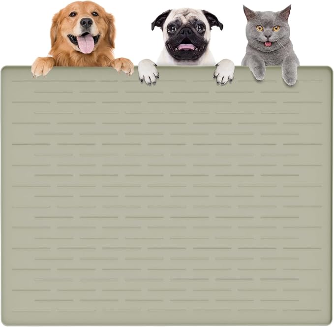 Largest Dog Food Mat, 39.5"x29.5" Silicone Dog and Cat Mat for Food and Water Bowls, Thinken Waterproof Non-Slip XXXL Pet Feeding Mat for Floors (Grayish Green)