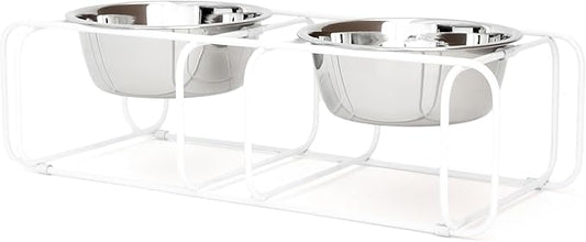 Wire & Dine Elevated Dog Bowls Stand for Small & Medium Sized Dogs & Cats - 2 Stainless Steel 3 Cup Dishes - Non-Skid, Modern Minimalist Design, Dishwasher Safe, White Frame - Made in USA