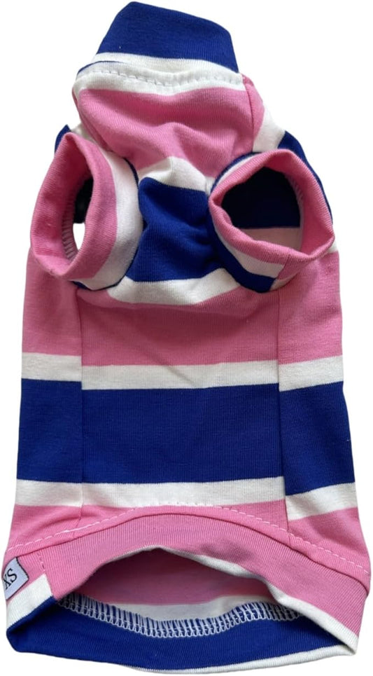 Vintage Stripes Sphynx Hairless Cats Shirt Cotton Cat Turtleneck Pet Clothes Kitten T-Shirts with Sleeves for Sphynx Cats (Wide Pink Blue Stripe, X-Small)
