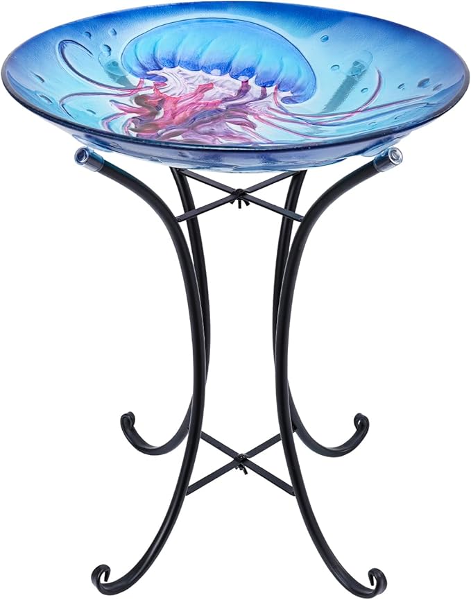 MUMTOP Bird Baths for Outdoors, Jellyfish Glass Large Bird Bath Bowl with Metal Stand, Bird Feeders for Outside and Garden, Patio,Lawn Decor (Blue)