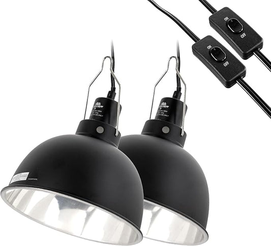 2 Pack Reptile Light Fixture, 8.5in Deep Dome Reptile Lamp Fixture, Optical Reflection Cover, Separate Switch & Hook, Terrarium Light Fixture for Reptile Heat Basking UVB Bulbs, 150W, Black