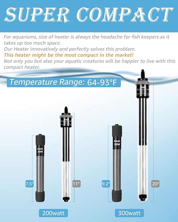 200W Adjustable Aquarium Heater Super Short Submersible Fish Tank Heater Fish Heater with LED Digital Display Thermostat, for Tanks 20-40 Gallons