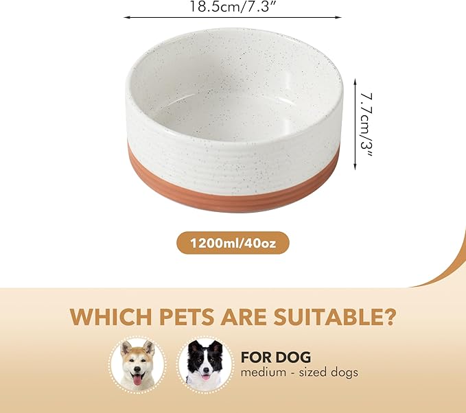 Ceramic 7.3inch Dog Bowl for Medium Breed Dogs, Anti-Slip and Weighted Pet Food and Water Dishes(Single Bowl, Vanilla White)