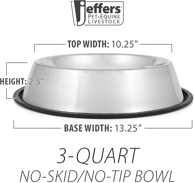 Jeffers Pet Stainless Steel Dog Bowl – No Skid, No Tip Food & Water Bowls for Puppies, Small, Medium, Large Breeds – Heavy Duty, Dishwasher Safe Feeder for Indoor, Outdoor, Travel Use – 3 Quart