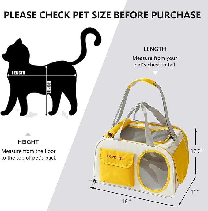 Pet Carrier for Small Cats Dogs, Dog Carrier Travel Bag with Adequate Ventilation, Locking Safety Zippers, Padded Shoulder and Carrying Strap (Yellow)