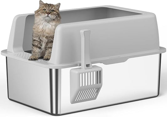 Zarler Stainless Steel Litter Box with Lid, 8” Deep Extra Large Cat Litter Boxes, XL Metal Litter Box for Big Cats with High Sided, Light Grey (Non-Sticky, Easy to Clean, Anti-Urine Leakage)