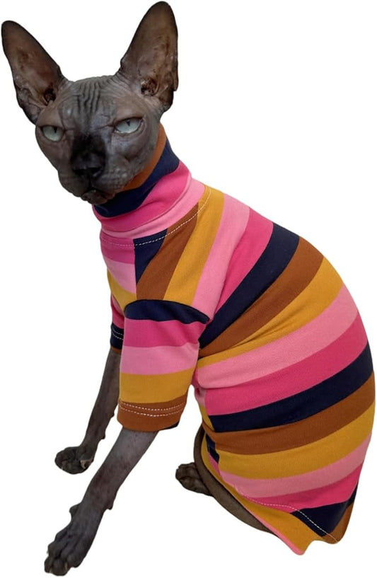 Vintage Stripes Sphynx Hairless Cats Shirt Cotton Cat Turtleneck Pet Clothes Kitten T-Shirts with Sleeves for Sphynx Cornish Rex, Devon Rex, Peterbald (Moning Glory, XX-Large (Pack of 1))
