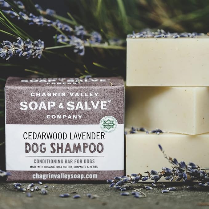 Chagrin Valley Soap & Salve Certified Organic Dog Shampoo and Conditioner - Dog Shampoo Itchy Skin Relief and Puppy Essentials - Natural Handmade Cedarwood Lavender, 3.8 oz Bar Soap