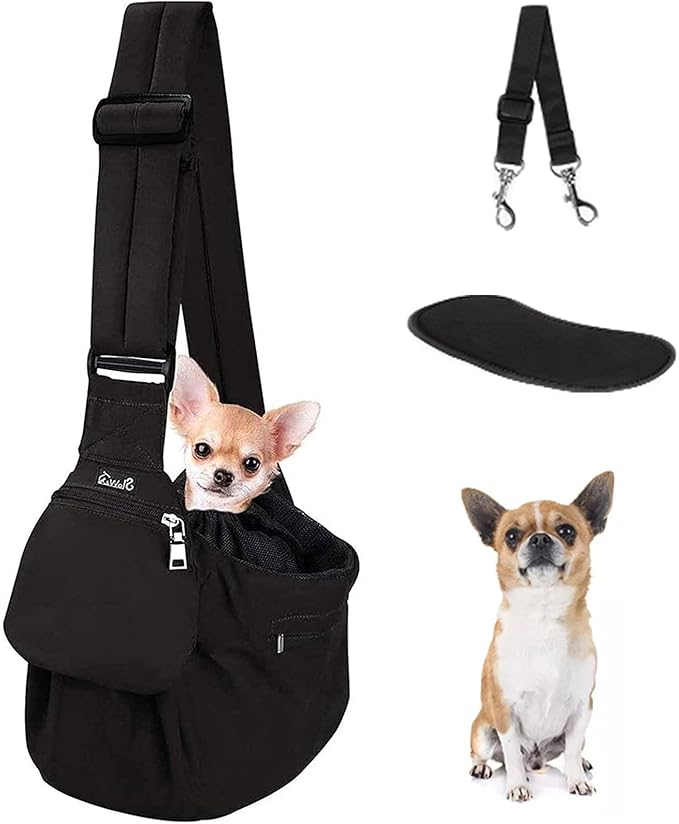 Lukovee Dog Sling Carrier, Hard Bottom Support & Adjustable Soft Padded Shoudler Strap Dog Slings for Small Dogs, Dog Purse with Drawstring Mesh Opening & Zipper Pockets for Puppy Cat Pet (Black-BN)