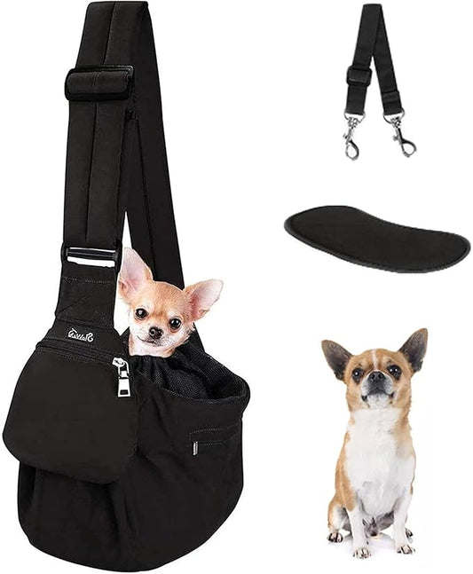 Lukovee Dog Sling Carrier, Hard Bottom Support & Adjustable Soft Padded Shoudler Strap Dog Slings for Small Dogs, Dog Purse with Drawstring Mesh Opening & Zipper Pockets for Puppy Cat Pet (Black-BN)