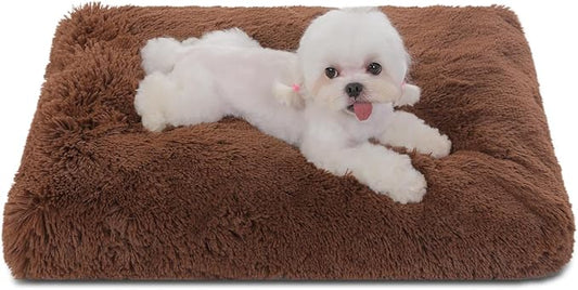 Bedfolks Waterproof Dog Crate Pad, Plush Dog Kennel Bed with Removable Cover, Faux Fur, Washable, 23"x18", Solid Brown