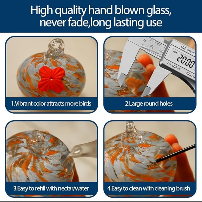 Hummingbirds Feeder for Outdoor Hanging (6 Feedind Balls),Hand Blown Glass Feeder with S Hook,Never Leak,Garden,Backyard,Patio Decor,Humming Birds Gifts