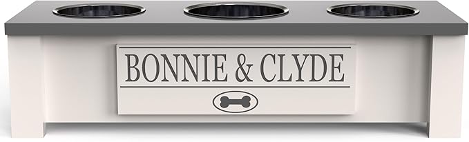 GrooveThis Woodshop - Personalized Elevated Triple Dog Bowl Stand for Large, Medium, Small, X-Small Dogs - 3 Stainless Steel Food and Water Bowls - Raised Dog Dish with Internal Storage (Small, Grey)