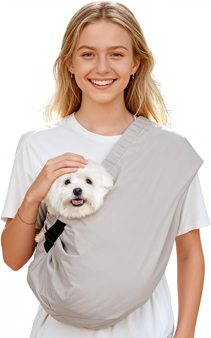 Dog Carrier Sling for Small Dogs Cats – Hands Free Pet Sling Carrier with Mesh Lining Pocket & Safety Hook, Adjustable Cat Dog Front Carrier for Travel, Daily Walk, Outdoor,Grey L