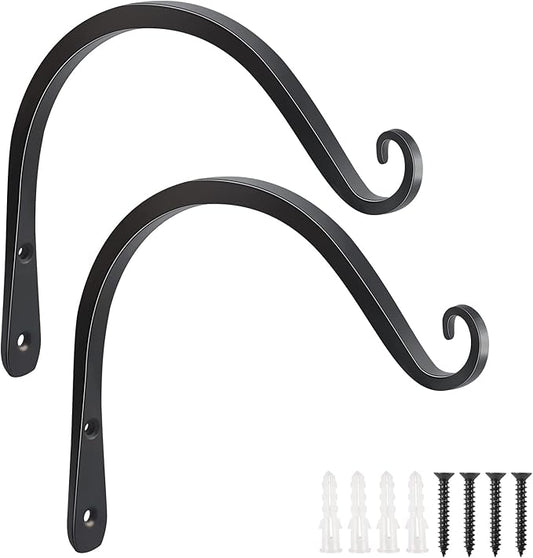FEED GARDEN 2 Pack 8 Inch Hanging Plant Bracket Wall Hooks Decorative Plant Hangers for Outdoor Hanging Bird Feeders, Wind Chimes, Plant Baskets, Black