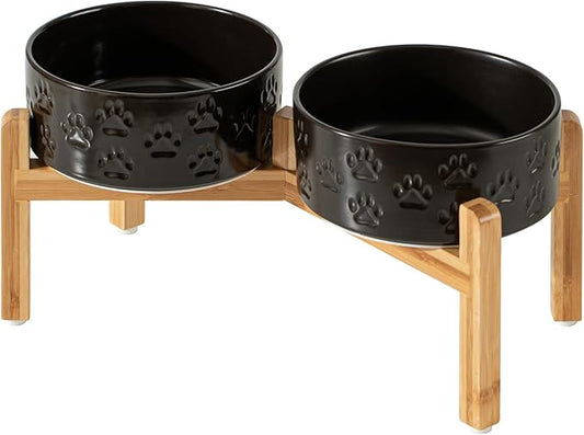 Elevated Ceramic Dog Bowls, 7.3" Dog Dishes with Stand, 5 Cup Elevated Food & Water Bowls for Medium Sized Dogs, Microwave Safe (Double Bowls + Stand - Black, 7.3 inch)