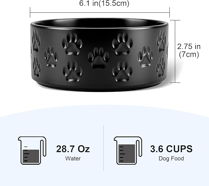 SPUNKYJUNKY Ceramic Dog and Cat Bowls 2 Pack, 6.1'' Dog and Cat Food Water Double Feeding Bowls Non-Slip for Large Sized Breed Microwave Dishwasher Safe - 28.7 OZ, 2pcs, Paw Black